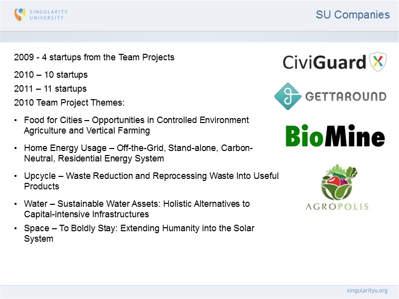 SU Companies 2009 - 4 startups from the Team Projects 2010 – 10 startups